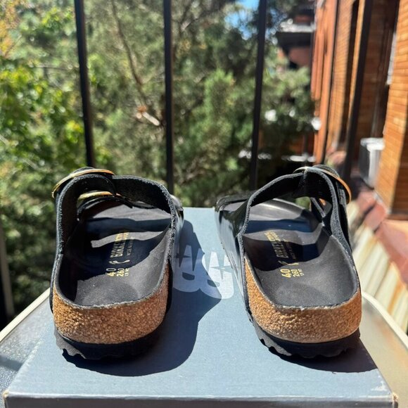 New Birkenstock Arizona Big Buckle High Shine Sandals Black Gold US 9 / EUR 40 - Picture 8 of 12